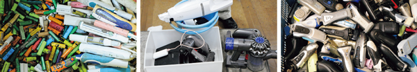 電池、バッテリー、電動歯ブラシ、クリーナー、シェーバーなど、取り除かれた家電製品