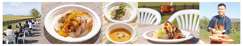 外で朝食を食べている写真・豚肉を使ったオープンサンドの写真・サラダの写真・スープの写真・デザート写真・真保シェフの写真