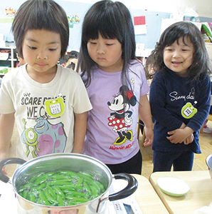 スナップエンドウを茹でている鍋をのぞき込んでいる子どもの写真