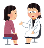 白衣を着た女性の医者と女性の患者が向かい合い話をしているイラスト