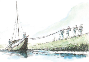 動きの悪くなった川船を岸から４人の人が網で引っ張っているイラスト
