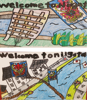 白根小学校5年生「池田　瑠衣」さん、「野瀬山　慶介」さんが白根の大凧と堤防を描いたG7のウェルカムカード