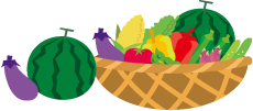 夏野菜と夏のフルーツのカゴ盛りのイラスト