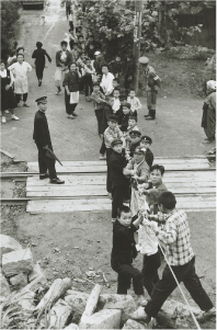 白根大凧合戦西側、廃線前の新潟交通電車線の線路を横断しながら網を引く人々の写真