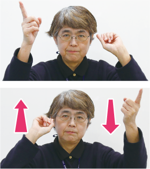 手話通訳者・鈴木さんが両手の人差し指を頭のあたりで前後させている写真
