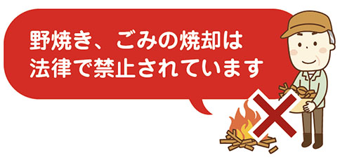 「野焼き、ごみの焼却は法律で禁止されています」という注意書きと、野焼きをするおじさんのイラスト
