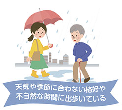 天気や季節に合わない格好や不自然な時間に出歩いている