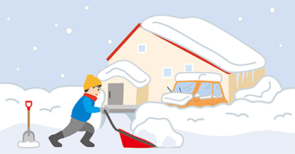 家の前で除雪をする男性のイラスト
