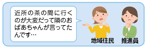 地域住民が「近所の茶の間に行くのが大変だって隣のおばあちゃんが言ってたんです…」と推進員に話をしている様子を描いたイラスト