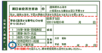 「期日前投票宣誓書」の「6天災や悪天候」にチェック