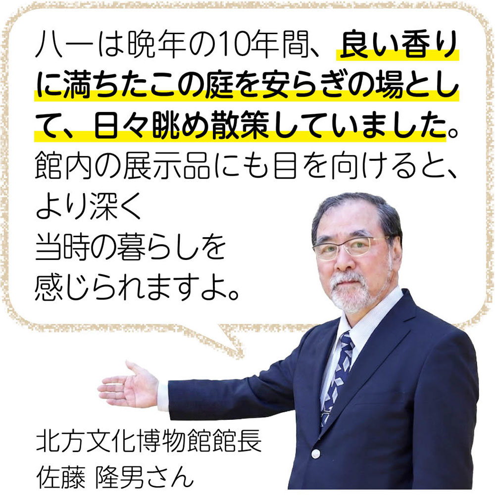 （館長のコメント）八一は晩年の10年間、良い香りに満ちたこの庭を安らぎの場として、日々眺め散策していました。館内の展示品にも目を向けると、より深く当時の暮らしを感じられますよ。｜北方文化博物館館長　佐藤　隆男さん