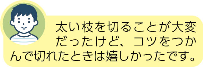 太い枝を切ることが大変だったけど、コツをつかんで切れたときは嬉しかったです。