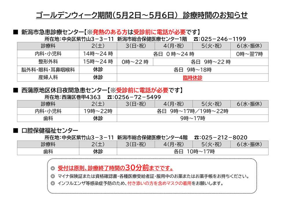 連休期間の西蒲原地区休日夜間急患センター診療時間