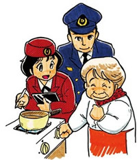 消防署員が高齢者宅を訪問して防火指導するイラスト
