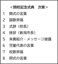 閉校記念式典　次第　1開式の言葉　2国歌斉唱　3式辞（校長）　4挨拶（新潟市長）　5来賓紹介・メッセージ披露　6児童代表の言葉　7校歌斉唱　8閉式の言葉