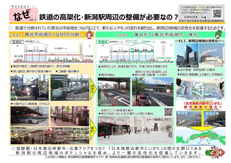 なぜ、鉄道の高架化・新潟駅周辺の整備が必要なの？それは、鉄道で分断されていた南北の市街地をつなげることで、新たな人やモノの流れを創り出し、関周辺地域の活性化を推進するためです。首都圏・日本海沿岸都市・北東アジアをつなぐ『日本海拠点都市にいがた』の陸の玄関口である新潟駅の周辺地域のポテンシャルを高め、より一層の活性化を促進していきます。