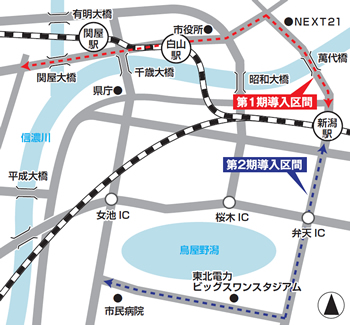 BRT第1期導入区間は新潟駅と西区青山間。第2期導入区間は新潟駅と鳥屋野潟南部間