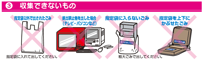 収集できないもの：指定袋以外で出されたごみ（指定袋に入れて出して下さい）、排出禁止物を出した場合（テレビ・パソコンなど）、指定袋に入らないごみ（粗大ごみで出して下さい）、指定袋を上下にかぶせたごみ（粗大ごみで出して下さい）