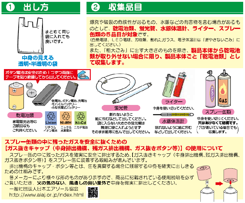 出し方：無色透明か半透明のポリ袋に入れて出してください（特定5品目は、乾電池類、蛍光管、水銀体温計、ライター・スプレー缶類の5品目です）