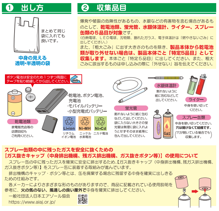 出し方：無色透明か半透明のポリ袋に入れて出してください（特定5品目は、乾電池類、蛍光管、水銀体温計、ライター・スプレー缶類の5品目です）