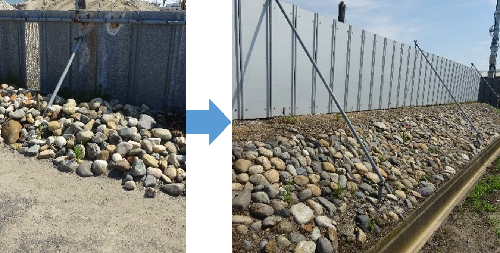 建設発生土から取り除いた石が外構資材として使われている様子