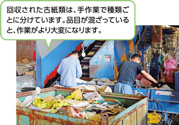 回収された古紙類は、手作業で種類ごとに分けています。品目が混ざっていると、作業がより大変になります。