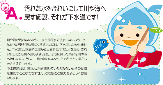 汚れた水をきれいにして川や海へ戻す施設、それが下水道です！