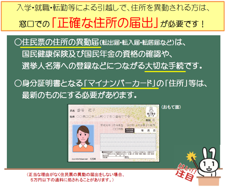 入学・就職・転勤等による引越しで、住所を異動される方は、窓口での「正確な住所の届出」が必要です