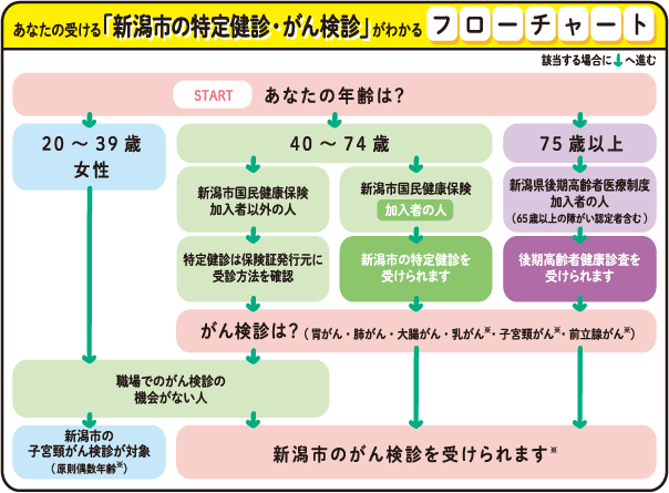 あなたの受ける「新潟市の特定健診・がん検診」がわかるフローチャート図