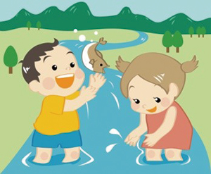 川で子どもたちが遊んでいるイラスト