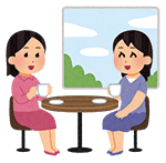 女性2人が丸テーブルで向き合いお茶を飲んでいるイラスト