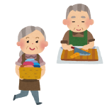 高齢の男性が料理をしていて、高齢の女性が荷物を運んでいるイラスト