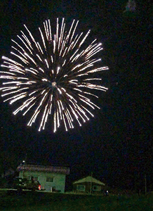 打ち上げ花火が庄瀬地区の夜空を彩っている写真。