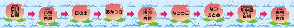 ９個の桃が、右方向に川を流れるイラスト。それぞれの桃の実に品種名が書いてあり、間に右方向の矢印があります。左から、日川白鳳、八幡白鳳、日の出、あかつき、浅間白桃、なつっこ、なつおとめ、川中島白桃、白根白桃。