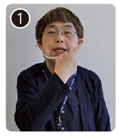 口を大きく開き歯を見せた手話通訳者・鈴木さんが右手人差し指を口の左端を指している写真