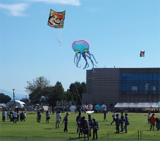 大凧とユニーク凧を人々が揚げている写真