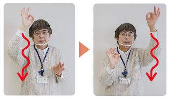 手話通訳者・鈴木さんが人差し指と親指で丸を作り上下にひらひらさせている写真