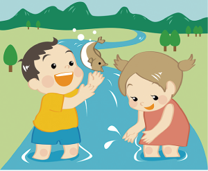 二人の子どもが川で遊んいる様子のイラスト