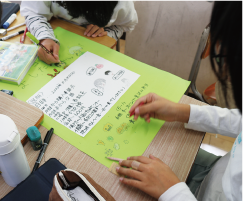 大通小学校５年生考案の弁当販売ポスター作製中の写真