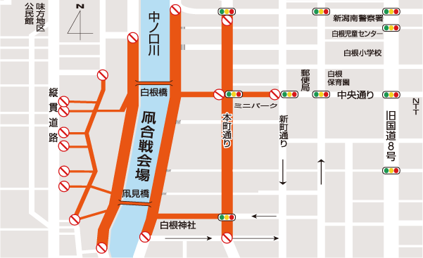 白根大凧合戦開催期間中、交通規制を実施する道路を赤で記した地図