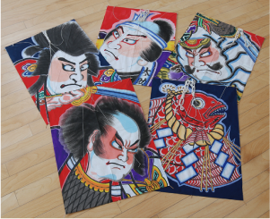 荏原さんが描いた武者・鯛町の絵柄の凧５枚の写真