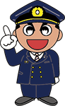 消防の制服と帽子を被り、人差し指を立て顔の横に持ってきている消太くんが「赤色で囲まれた部分に入ることはできません！」と言っているイラスト