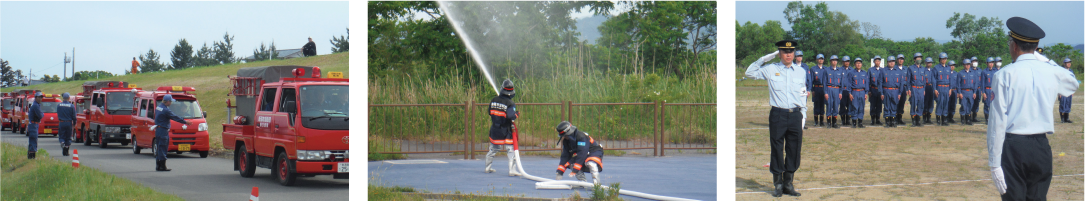 消防車の写真・放水訓練の写真・消防団員が敬礼をする写真