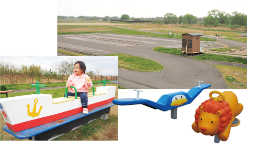 臼井大郷フルーツフラワーの里公園の写真・子どもが船の形をした遊具で遊ぶ写真・ペンギンのシーソーの写真・ライオンの遊具の写真