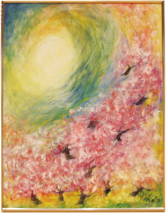 優秀賞作品「春に、歌う」横山直子さん。桜のようなピンクの花を付けた木々がキャンバスの左下から右上に向けて広がり、左にある空間には緑を黄色の渦が広がる洋画の写真