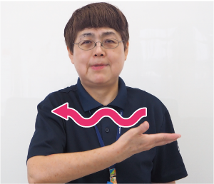 右手の手のひらを上に向け、上下に揺らしながら横に動かす写真