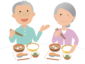 高齢の男女が会話しながら食事を取っているイラスト