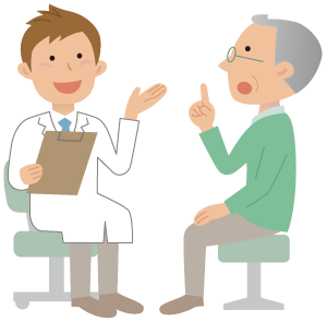 医師と高齢の男性が向かい合って座り、会話しているイラスト