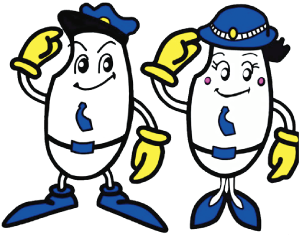 ひかるくんとひかりちゃんが右手を挙げて敬礼しているイラスト