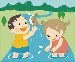 男女の児童が笑顔で小川に足まで浸かり、手で魚をつかまえようとしているイラスト